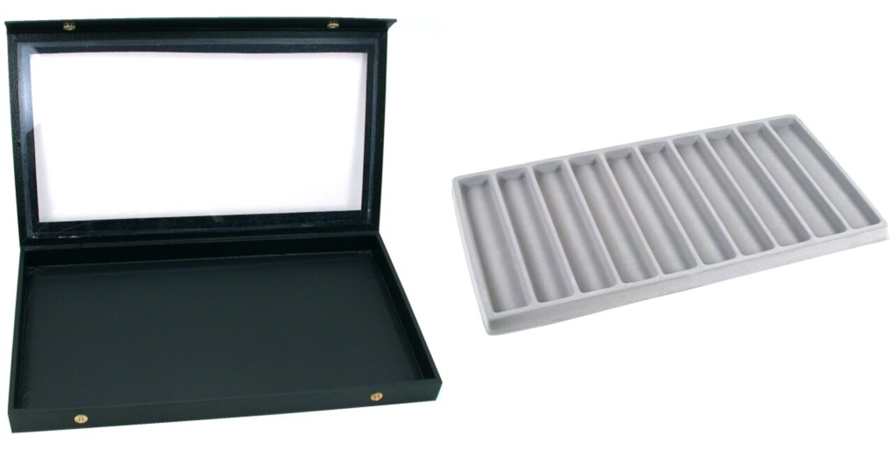 Black Glass Top Jewelry Case (Snap close lid) w/ Gray 10-slot Plastic Tray
